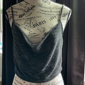 Elegant Metallic Black Draped Cowl Neck Top – Size S
